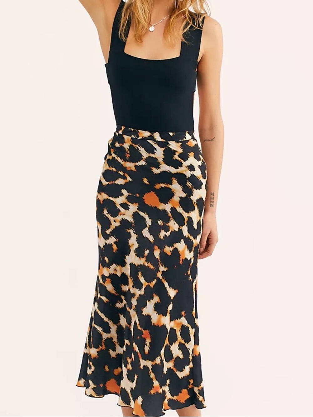 Free People animal print satiny midi skirt small black brown